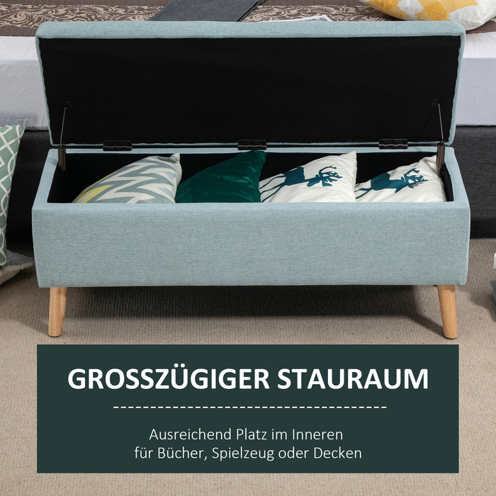 HOMCOM Bench, Light Green Upholstered Bench with Storage, 110x39x45cm, made of linen-like polyester and rubber wood, in a Scandinavian design
