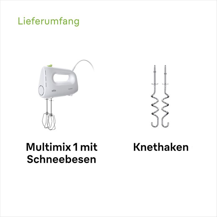 Braun Household MultiMix 1 HM 1110 WH Hand Mixer - Handheld Mixer with 4 speed settings plus Turbo, FastMix Technology, EasyClick, including whisk and dough hooks, one-hand operation, 450W, White White MultiMix 1 - including whisk & dough hooks