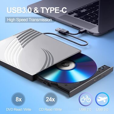 Зовнішній CD/DVD-RW привід USB 3.0, ультратонкий DVD-плеєр для ноутбука з 4 USB-портами, картридером SD/TF та роз'ємом Type-C, сумісний з Windows, macOS, Linux