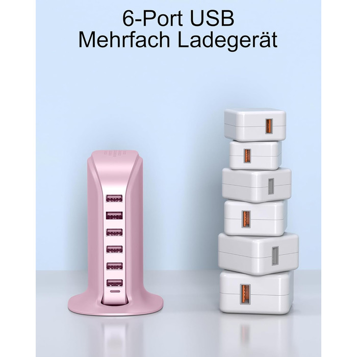 Зарядний пристрій USB багатопортовий 6 портів 25W/50W для iPhone, Samsung, LG, Huawei (Чорний/Рожевий)