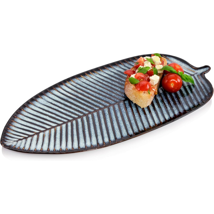 Singer | Tokio Serving Platter, Stoneware Serving Plate in Leaf Design, Oval Plate for Meat, Fish, and Snacks, Dishwasher Safe, Blue Snack Plate with Black Accents | PREMIUM COLLECTION