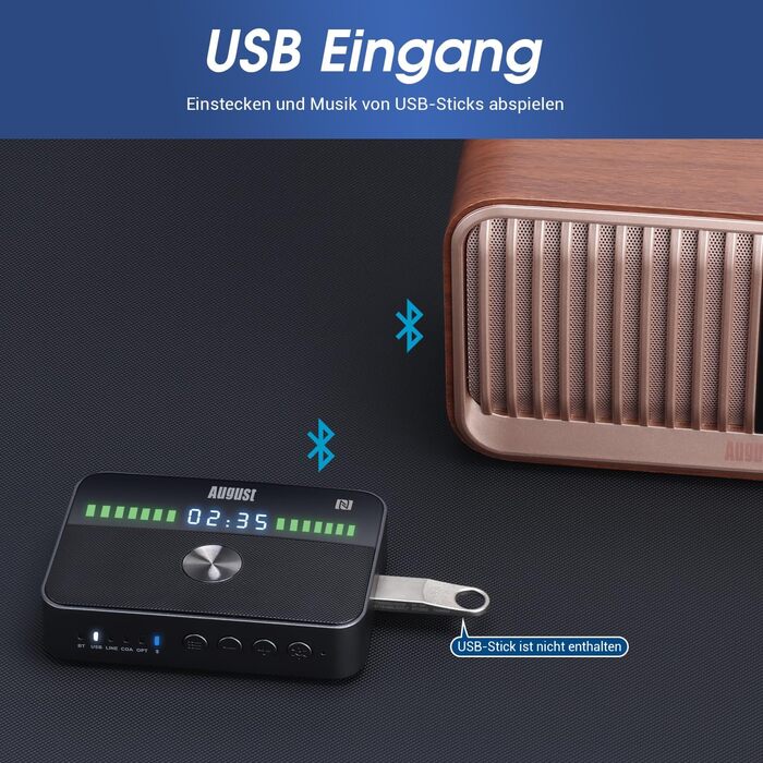 August MR285 Bluetooth 5.3 Аудіо Адаптер: Передавач/Приймач з NFC, Multipoint, AUX, RCA, Оптичний, Коаксіальний, USB для TV, PC, Авто