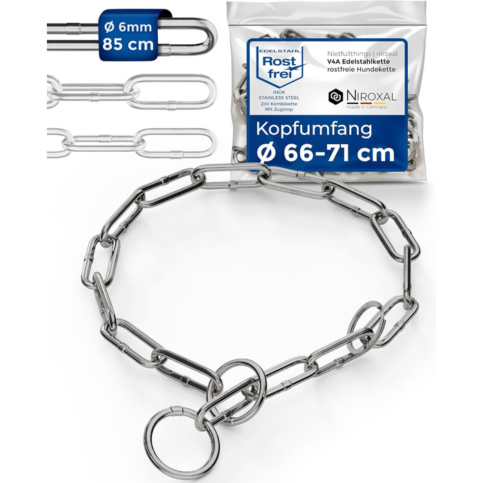 Нашийник для собак з обхватом шиї 49-53 см з нержавіючої сталі V4A, ланцюговий нашийник з запобіжником, довгі ланки 5 мм, загальна довжина 64 см
