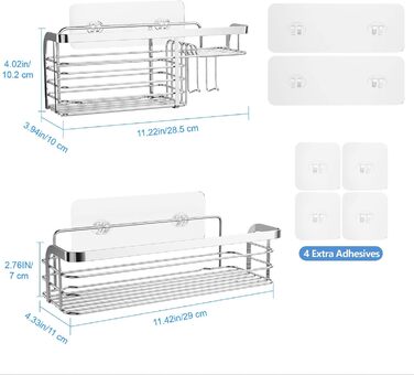 Двосекційна самоклеюча поличка для душу з нержавіючої сталі, органайзер для шампуню та кондиціонера, сріблястого кольору