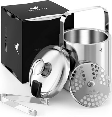 Beyond ice cube containers with lid and tongs 100% BPA free made of stainless steel - ice cube cooler, double-walled, 1.3 liters | Ice bucket for ice cubes, ice container for ice cube storage