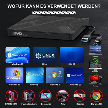 Зовнішній CD/DVD привід varkda USB 3.0 та USB-C, портативний оптичний накопичувач та записувач для ноутбука, ПК, Mac, Windows, Linux (8 в 1, чорний)