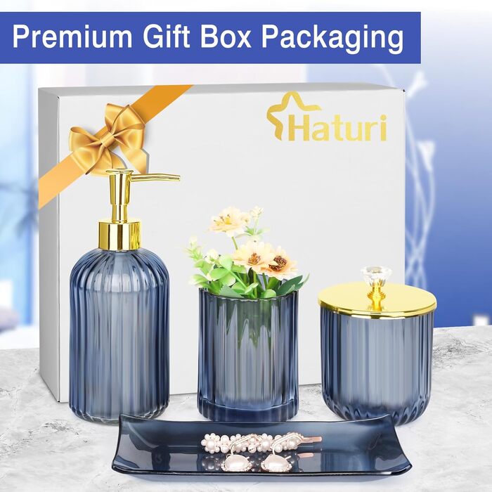 Haturi Bathroom Accessories Set, 4-Piece, Blue Glass - Complete Bathroom Accessories Set including Lotion Soap Dispenser, Toothbrush Holder, Apothecary Jar, Vanity Tray, Bathroom Decor, Gift for