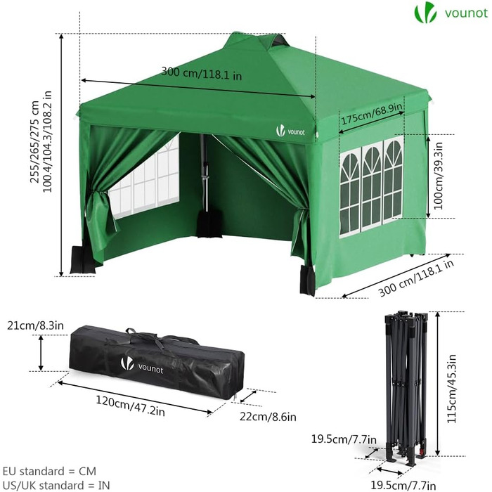 VOUNOT® 3x3m (approx. 10x10ft) Gazebo, Waterproof, Stable, Winter-Resistant, Pop-Up Folding Gazebo with 4 Side Walls and 3 Sandbags, Foldable Party Tent, Garden Tent, Garden Gazebo including Bag, Green