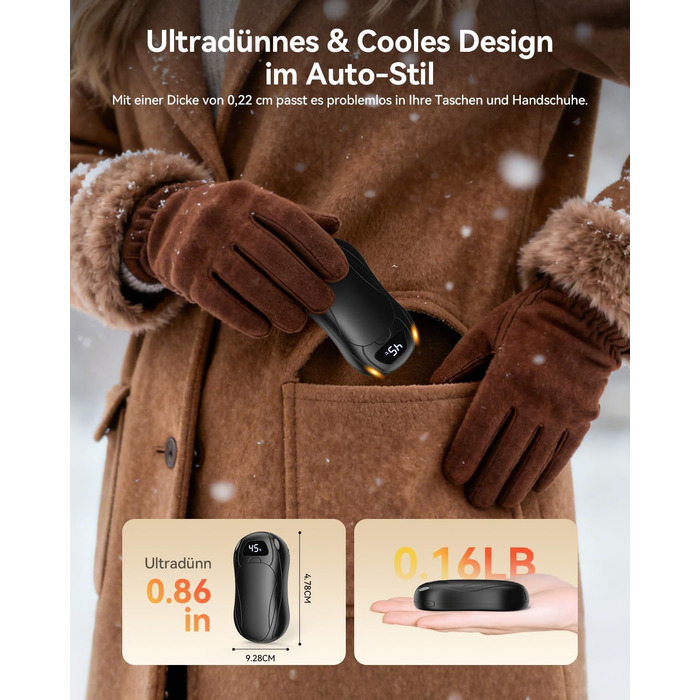 Електричні грілки для рук 6000 mAh, 2 шт. Ultra Light з магнітною двосторонньою системою нагріву, LCD-дисплеєм, 12+ годин, 35°C-55°C, багаторазові для дітей, для гольфу/кемпінгу, чорні