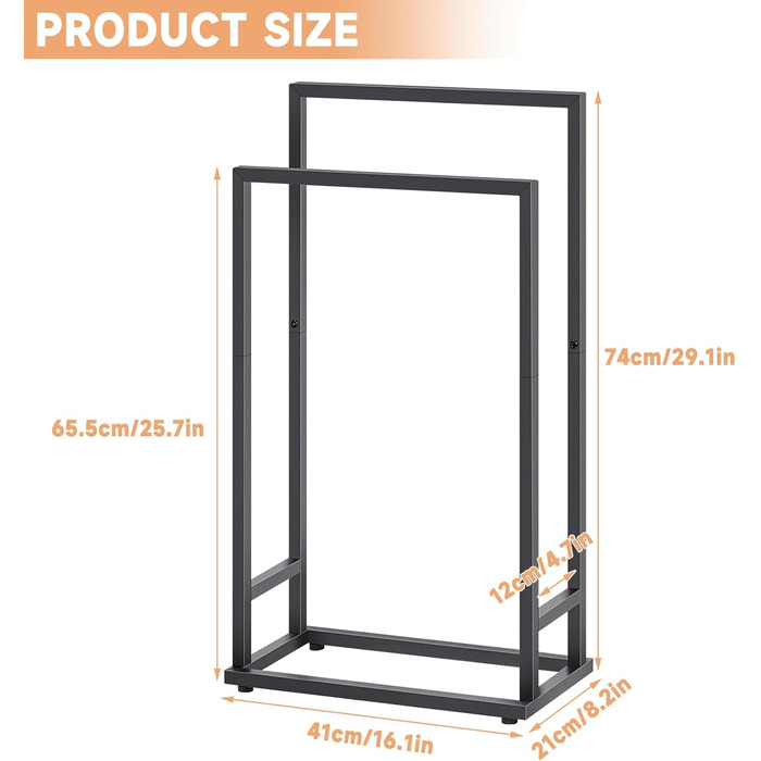 Підставка для рушників на підлозі, металева, з 2 перекладинами, чорна, для ванної кімнати, стабільна, економна