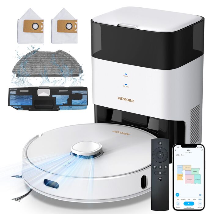 Робот-пилосос AIRROBO з функцією миття, 3.5л, док-станція для самостійного очищення, 180хв роботи, LiDAR-навігація, потужний, керування через додаток