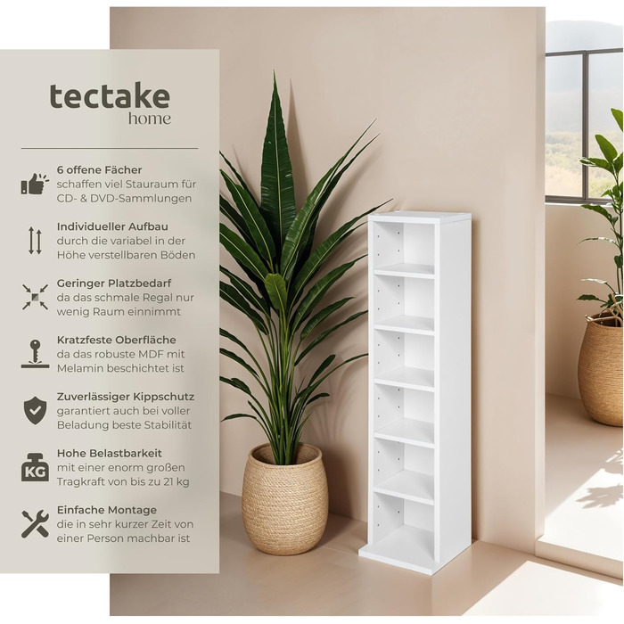 Tectake® CD-стелаж, дерев'яний відкритий стелаж для 102 CD/DVD, настінний білий органайзер для вітальні та офісу