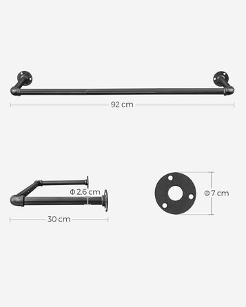 SONGMICS Wall Mounted Clothes Rails, 2 Pack, Coat Rails, Wall Mount, Space-Saving, 92 x 30 x 7.5 cm, Easy Assembly, Industrial Design, for Small Apartments, Black HSR67BK02