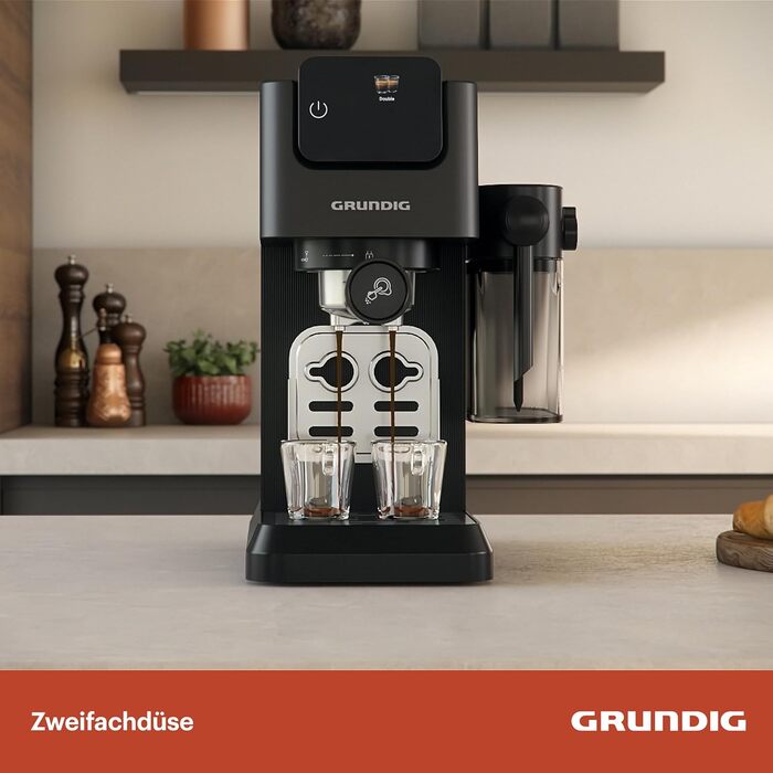 Еспресо-машина GRUNDIG KSM 6430 з вбудованим контейнером для молока, 1628 Вт, 20 бар, 2-дозова, Touch-Display, BrewSense, CreamyPro, Dark Inox/Schwarz, сумісна з капсулами та падами