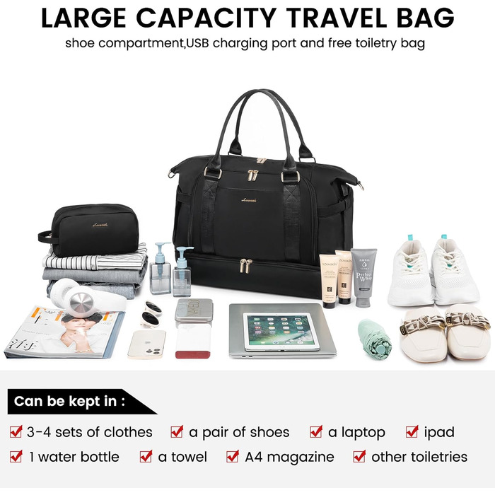 Спортивна сумка LOVEVOOK для подорожей: дамська сумка-мішок, weekender, 37L, чорна