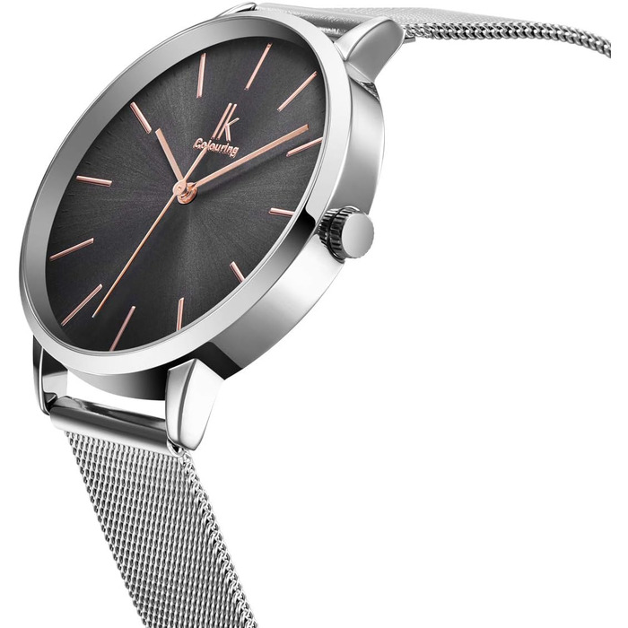 Годинник жіночий Alienwork IK Minimalist, ультратонкий, сітчате браслет (срібло/сірий/сріблястий сітчастий ремінець)