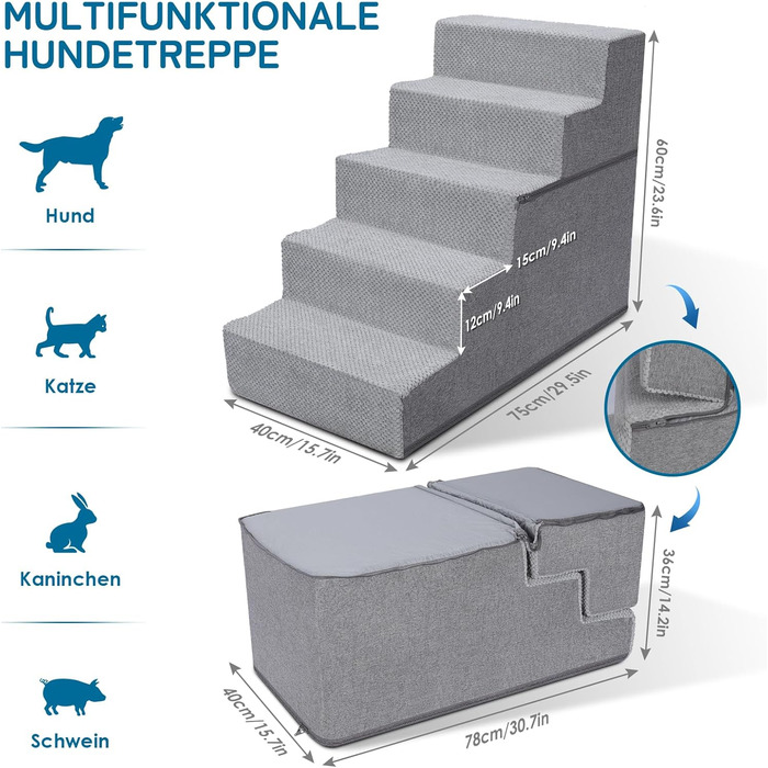 Myiosus Dog Stairs for Small Dogs, 2 Steps Pet Stairs, Waterproof Dog Steps made of Sponge, Non-Slip Dog Ramp for Sofa Bed, Dog Stairs with Washable Cover, Portable Cat Stairs (Removable 5-Step Dog Stairs, Grey)