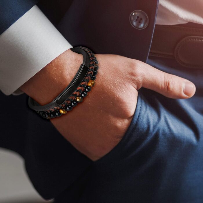 Чоловічий шкіряний браслет Lederarmband з магнітною застібкою з нержавіючої сталі, плетінка, коричнево-чорний, 20.5 см + Подарункова коробка