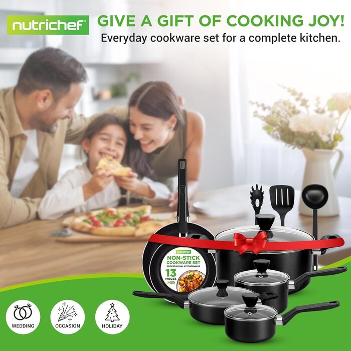 NutriChef 13-Piece Cookware Set | Non-Stick Cookware Set with Lids | Induction Pots and Pans Set for Gas, Electric & Ceramic Cooktops | PFOA-Free | Pots & Pans for Healthy Cooking Black