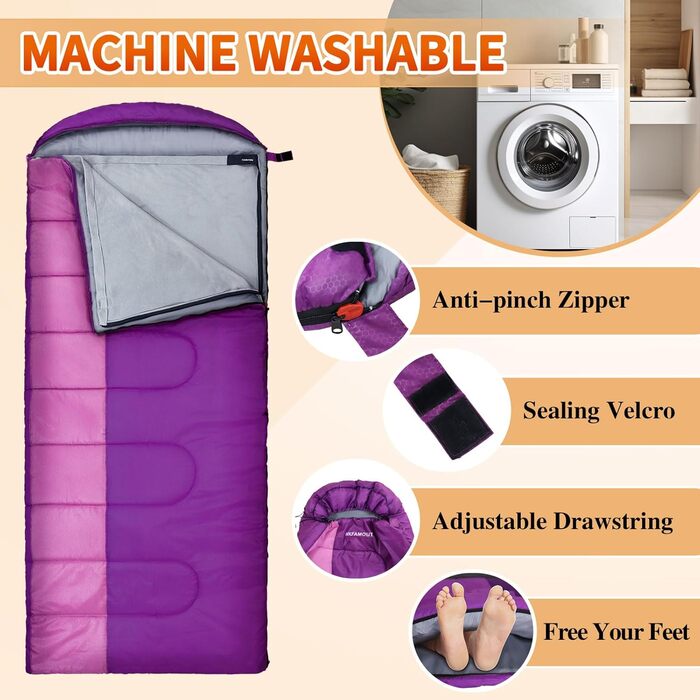Спальний мішок Outdoor для дорослих, зимовий, машинного прання, водонепроникний, 3-4 сезони, з компресійним мішком, для кемпінгу, піших прогулянок, подорожей, 0℃-Комфорт, ліловий, 220x85CM