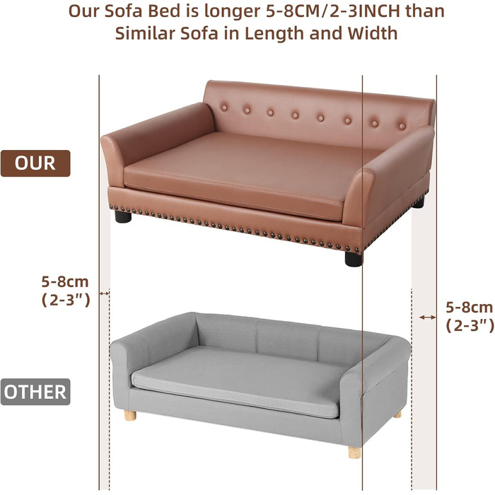 Софа для собак BingoPaw Luxus: велика ортопедична лежанка для собак XL з дихаючого водонепроникного шкірозамінника, сучасна лежанка для тварин з підголівником та дерев'яними ніжками, 120x74x40 см (колір: коричневий)