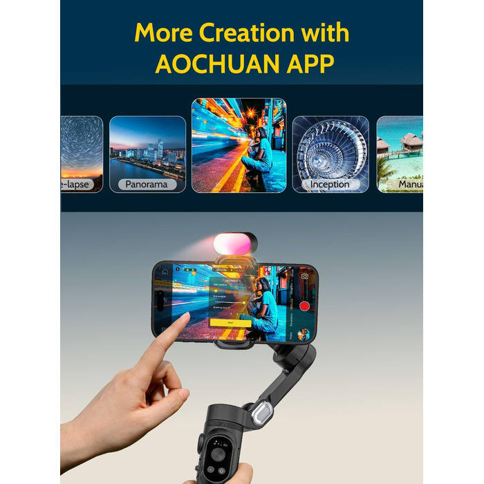 Стабілізатор для смартфона AOCHUAN 3-осьовий з функцією розпізнавання обличчя, вбудованим світлом, 1/4 дюйма, для iPhone 16/15 Pro, Android, TikTok - Smart X Kit, Чорний
