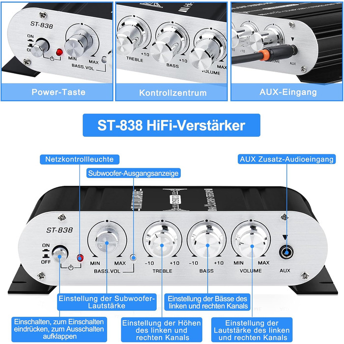 HiFi аудіо підсилювач 2.1-канальний ST-838, стерео, клас D, 20Вт×2+40Вт, з сабвуферним виходом, міні цифровий підсилювач, AUX, для дому та авто, чорний/сріблястий, з адаптером живлення