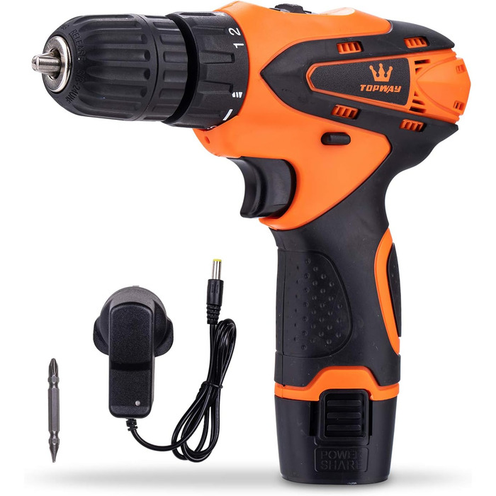 Акумуляторний дриль-шуруповерт TOPWAY 12V з акумулятором 1.3Ah, 10мм патрон, 2 швидкості, LED-підсвічування, для дому та DIY