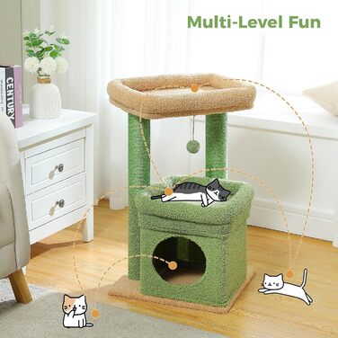 PAWZ Road Cat Tree, Multi-Tier Cat Tower with Sisal-Covered Scratching Post, Cozy Cat Condo, and Large Cat Perch for House Cats (Green)