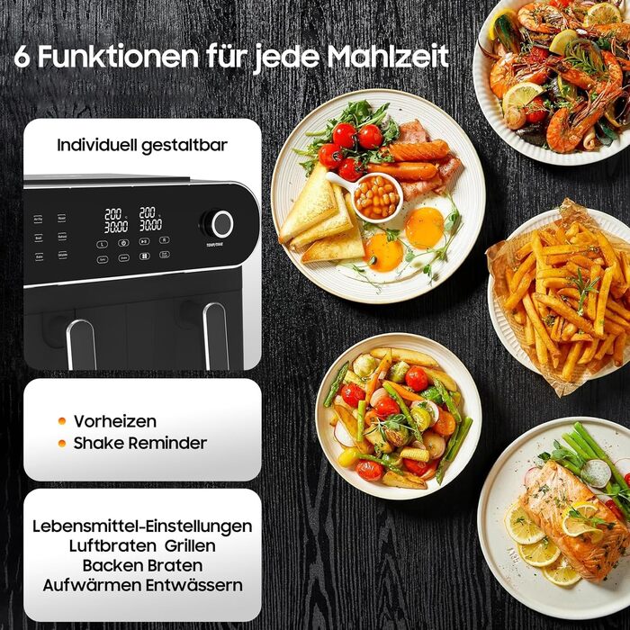 iceagle Hot Air Fryer 2 Chambers Airfryer XXL 11L - 1700 W Hot Air Fryer with 2 Compartments | Dual Zone Hot Air Fryer, 6 Cooking Functions, Touchscreen, Recipe Book Dual Basket 11L