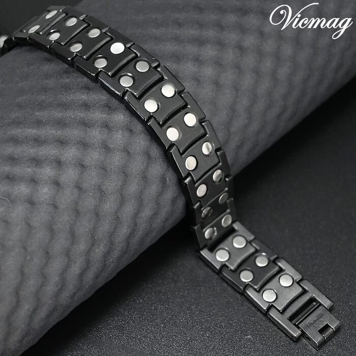 Браслет магнітний чоловічий Vicmag з титанової сталі, подвійний ряд, надміцна магнітна застібка, інструмент для регулювання та подарункова коробка (синє оздоблення)