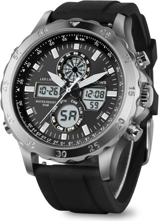 Годинник PINDOWS для чоловіків: водонепроникні спортивні годинники (аналогові/цифрові), багатофункціональні, міцні, з LED-підсвічуванням, будильником, секундоміром (чорний/сріблястий)