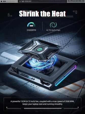 Підставка охолодження для ноутбука RGB з потужним вентилятором 4.72'', швидке охолодження для комп'ютерів 13-17,3'', керування клавішами, 3 регульовані підставки, 4-портовий USB C&A, чорний