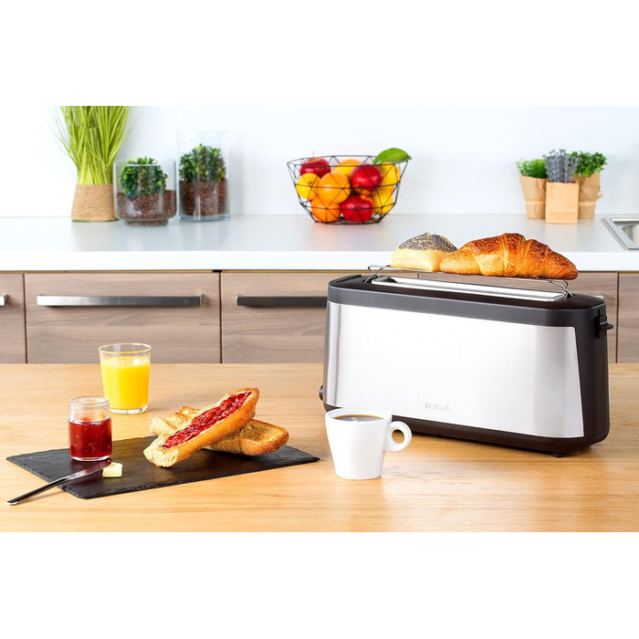 Tefal Element Long Slot Toaster TL4308 | 7 Browning Levels | 1000 Watts | Integrated Bagel Attachment | Elegant Design | Black/Stainless Steel Single