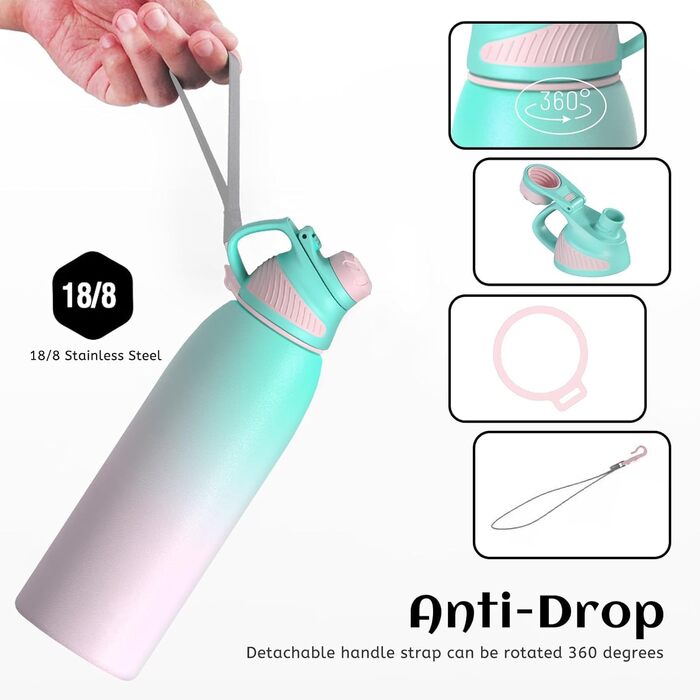 Stainless Steel Water Bottle 600 ml/800 ml/1 l with Magnetic Lid, BPA-Free, Insulated Water Bottle, Sports Metal Water Bottle, Hot and Cold Drinks, Vacuum Flask, Work, Travel (800 ml, Green/Pink)