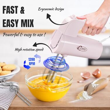 Міксер ручний Bestron Power з 6 рівнями, Turbo-функцією та LCD-дисплеєм, рожевий (2 вінчики + 2 гаки)