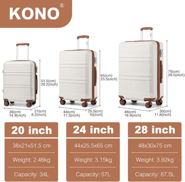 Чемодан KONO 24 дюйми, ABS, з TSA-замком, 4 колеса, 65×44×25.5 см, кремовий