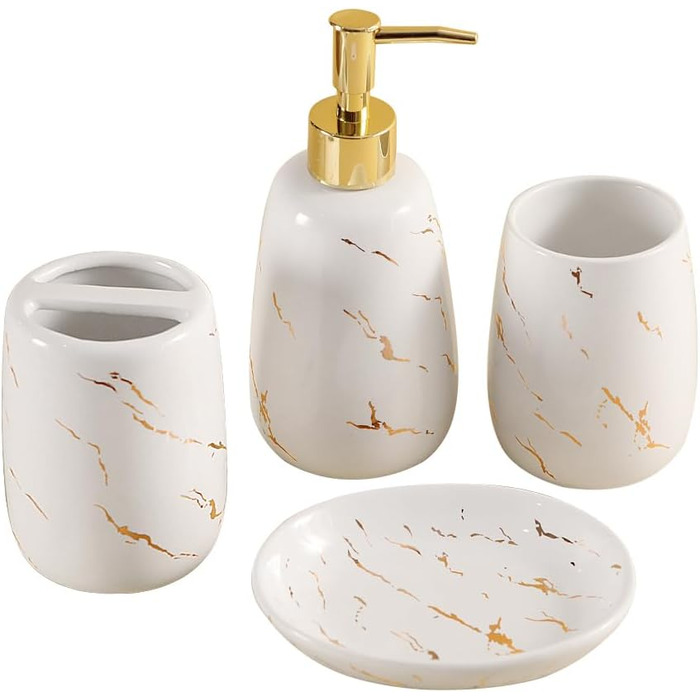 Bathroom Accessory Set, 4-Piece, complete with toothbrush holder, toothbrush cup, soap dispenser, soap dish, classic with gold-veined marble design, (White)