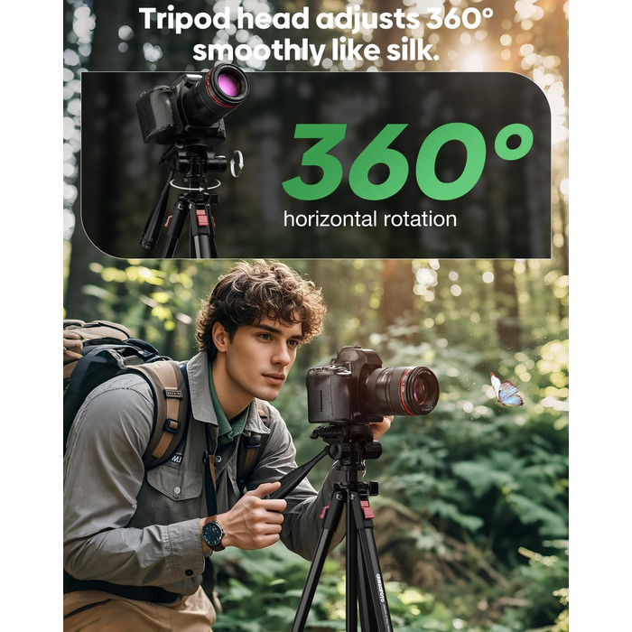 Легкий компактний штатив для камери та смартфона з алюмінію, 173 см, для DSLR/SLR (Canon, Nikon), чорний