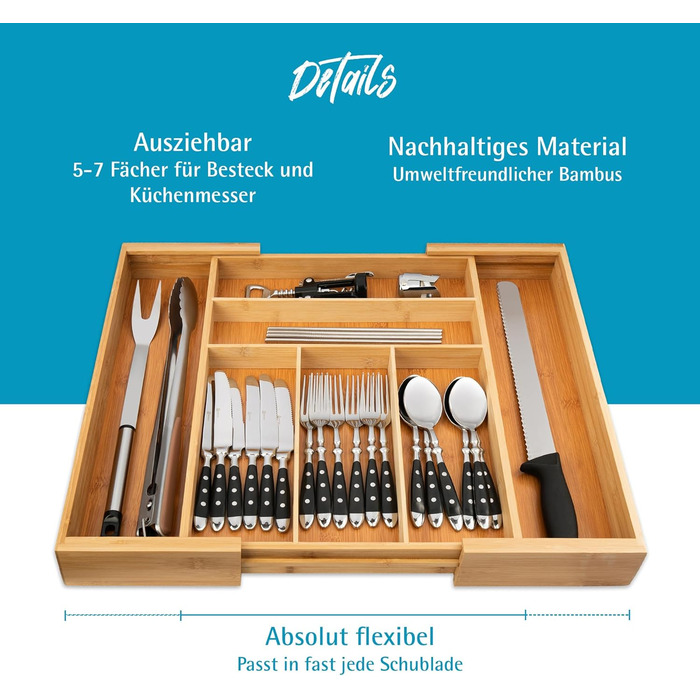 Органайзер для столових приборів Gräwe з бамбука для кухонних шухляд, змінний, розсувний (36.5-56.5 см)