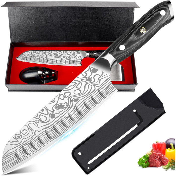 Ніж Santoku Cutiore 7 дюймів: професійний кухонний ніж з нержавіючої сталі EN.4116, з захистом пальців та точилкою в подарунковій коробці