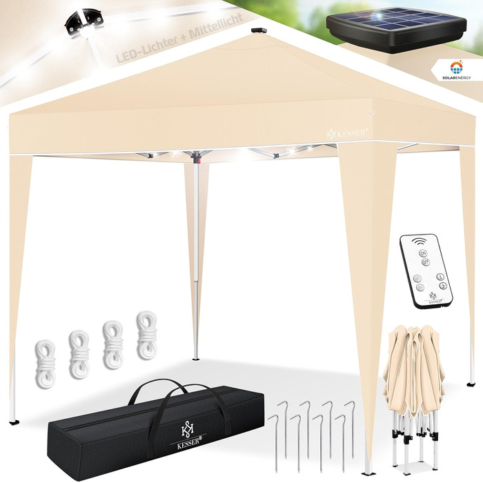 KESSER® Pavilion Folding Pavilion 3x3m with LED Lighting | Pop-Up Garden Pavilion Height Adjustable, Stable, Waterproof, Winterproof | Party Tent, Event Tent, UV Protection 50+ including Remote Control & Bag Beige