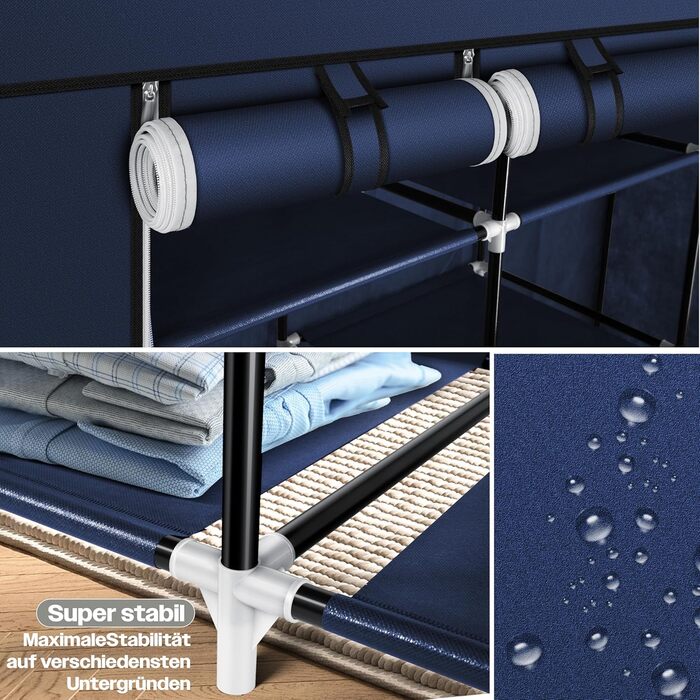 KESSER® Wardrobe Clothes Closet Stable with Clothes Rail & Shelves, Incl. 5x Clothes Hangers, Fabric Folding Closet for Bedroom, Dressing Room Wardrobe with Clothes Rack 150x45x175cm Navy Blue