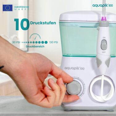 Іригатор для порожнини рота Munddusche Aquapik 100 – рекомендований стоматологами пристрій для видалення нальоту з 8 насадками, 10 рівнями тиску, баком 600 мл, поворотним 360° наконечником, шлангом 100 см, ідеальний для імплантів та ортодонтії, білий