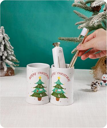 4-Piece Ceramic Bathroom Set, Artistic Line Face Bathroom Accessories Set with Soap Dispenser, Toothbrush Holder, Cup, Soap Dish, Abstract Bathroom Set for Decor, Cream (Christmas Tree)