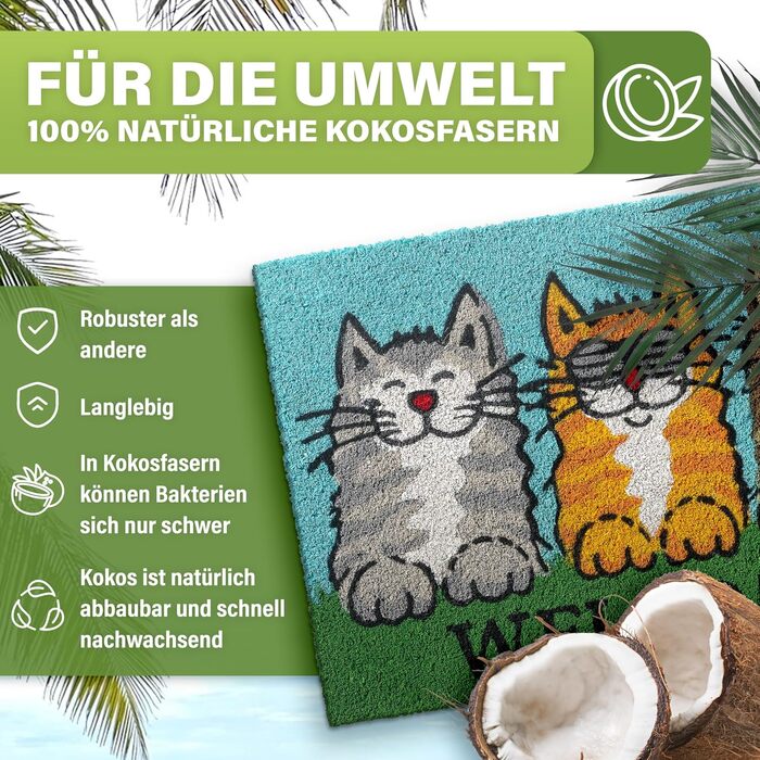 Килимок для домівок з кокосового волокна, 40x60 см - вологостійкий, міцний, для дому та вулиці (Welcome Cats)