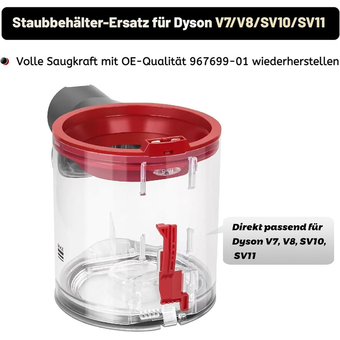 Покращений контейнер для пилу для пилососів Dyson V7 V8 SV10 SV11 (Animal, Absolute, Fluffy), запчастина №967699-01, прозорий міцний пилозбірник