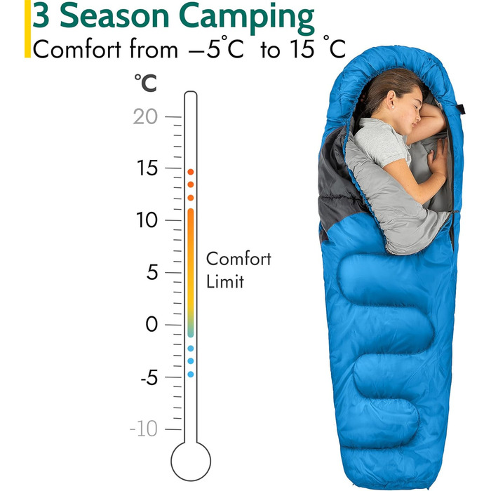 Дитячий спальний мішок Trail Mumienschlafsack 3 сезони для кемпінгу – 300gsm – для хлопчиків та дівчаток – з легким рюкзаком (Блакитний)