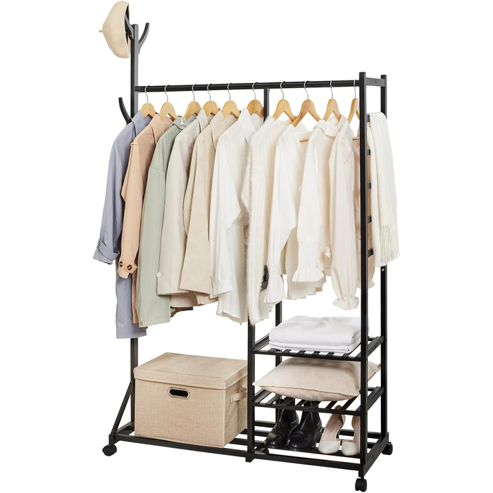 Yorbay Bamboo Clothes Rack with Wheels, Clothes Rail, 3 Shelves and 6 Hooks, Tree Shape, 100 x 38 x 176 cm (Black)