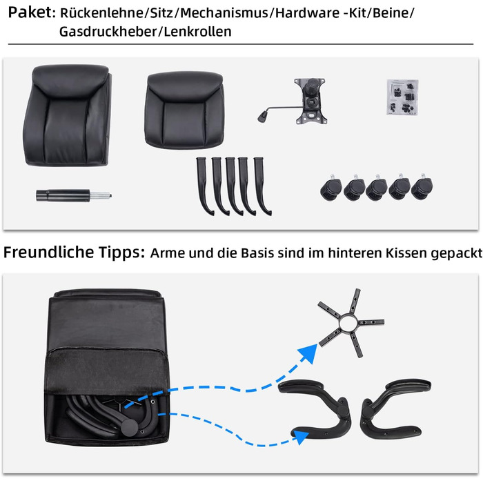 Ергономічне крісло для офісу, ігрове, з підлокітниками, регульоване по висоті, з PU шкіри (Чорний)